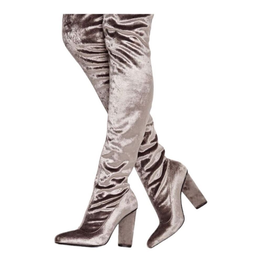 Misguided Velvet Over The Knee Boot Size 9 Silver 4” Heel Slip On Sexy Retro Y2K